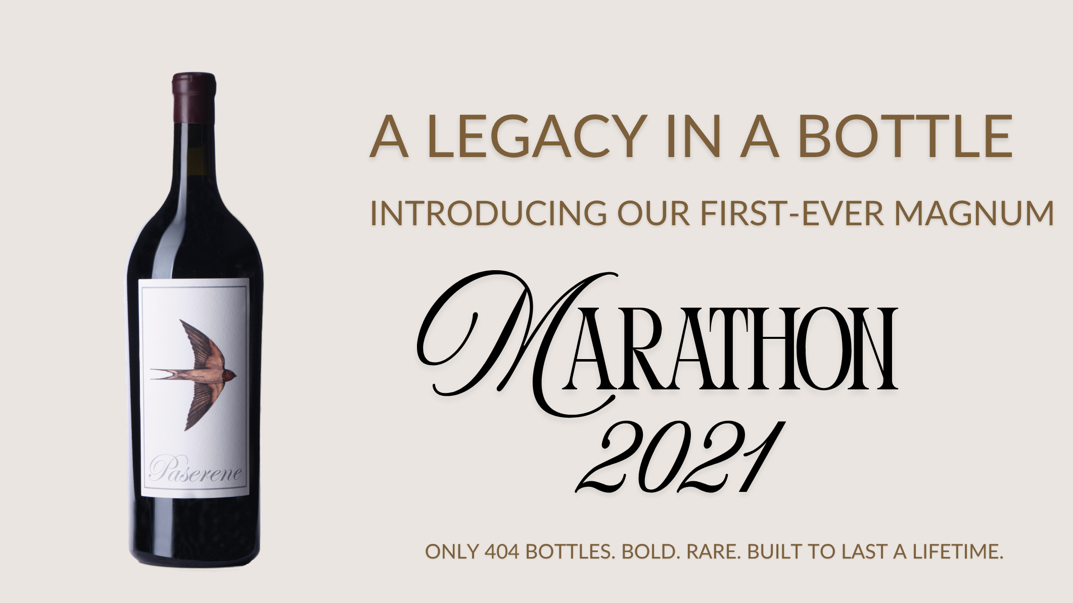 Wine bottle with label on a beige background, introducing Marathon 2021 magnum wine.
